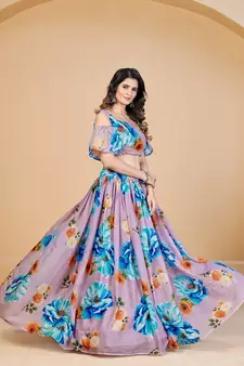 Mauve & Blue Printed Semi Stitched Lehenga & Unstitched Blouse With Dupatta