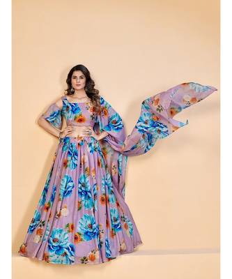 Mauve & Blue Printed Semi Stitched Lehenga & Unstitched Blouse With Dupatta 5