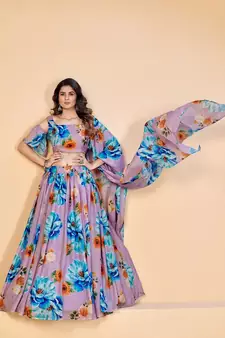 Mauve & Blue Printed Semi Stitched Lehenga & Unstitched Blouse With Dupatta