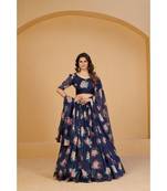 Blue & Peach Printed Semi Stitched Lehenga & Unstitched Blouse With Dupatta