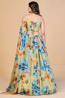 Sea Green & Blue Printed Semi Stitched Lehenga & Unstitched Blouse With Dupatta