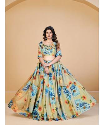 Sea Green & Blue Printed Semi Stitched Lehenga & Unstitched Blouse With Dupatta 3