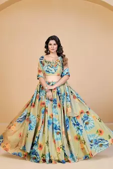 Sea Green & Blue Printed Semi Stitched Lehenga & Unstitched Blouse With Dupatta