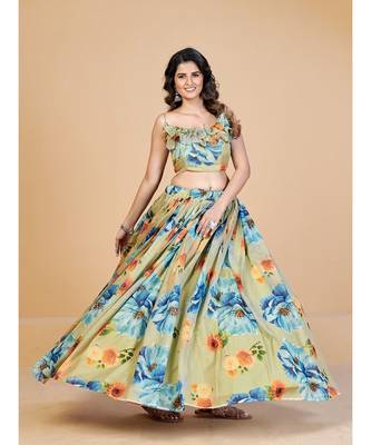 Sea Green & Blue Printed Semi Stitched Lehenga & Unstitched Blouse With Dupatta 1