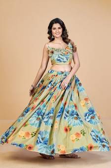 Sea Green & Blue Printed Semi Stitched Lehenga & Unstitched Blouse With Dupatta