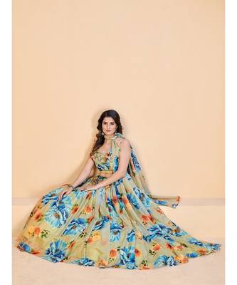 Sea Green & Blue Printed Semi Stitched Lehenga & Unstitched Blouse With Dupatta 4