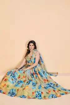Sea Green & Blue Printed Semi Stitched Lehenga & Unstitched Blouse With Dupatta