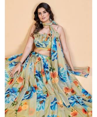 Sea Green & Blue Printed Semi Stitched Lehenga & Unstitched Blouse With Dupatta 5