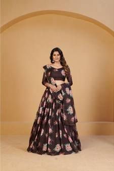 Brown & Peach Coloured Printed Semi Stitched Lehenga & Unstitched Blouse With Dupatta