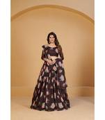 Brown & Peach Coloured Printed Semi Stitched Lehenga & Unstitched Blouse With Dupatta