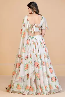 White & Pink Coloured Printed Semi Stitched Lehenga & Unstitched Blouse With Dupatta