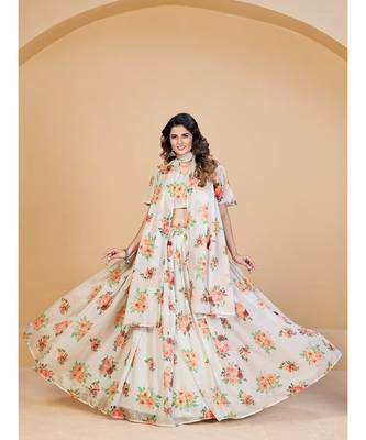 White & Pink Coloured Printed Semi Stitched Lehenga & Unstitched Blouse With Dupatta 1