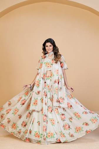 White & Pink Coloured Printed Semi Stitched Lehenga & Unstitched Blouse With Dupatta