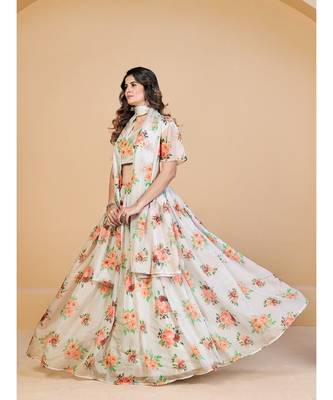 White & Pink Coloured Printed Semi Stitched Lehenga & Unstitched Blouse With Dupatta 3