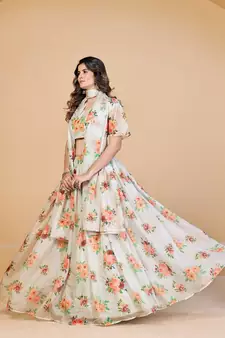 White & Pink Coloured Printed Semi Stitched Lehenga & Unstitched Blouse With Dupatta