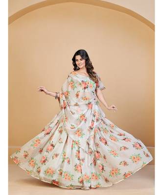 White & Pink Coloured Printed Semi Stitched Lehenga & Unstitched Blouse With Dupatta 4