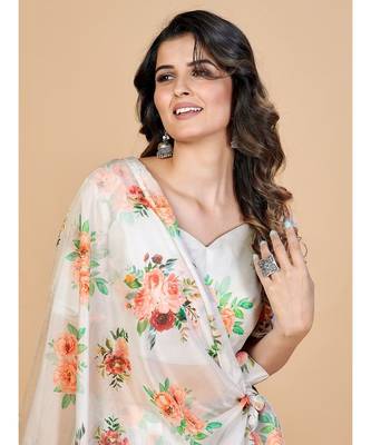 White & Pink Coloured Printed Semi Stitched Lehenga & Unstitched Blouse With Dupatta 5