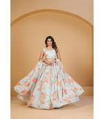 Sea Green & Pink Coloured Printed Semi Stitched Lehenga & Unstitched Blouse With Dupatta