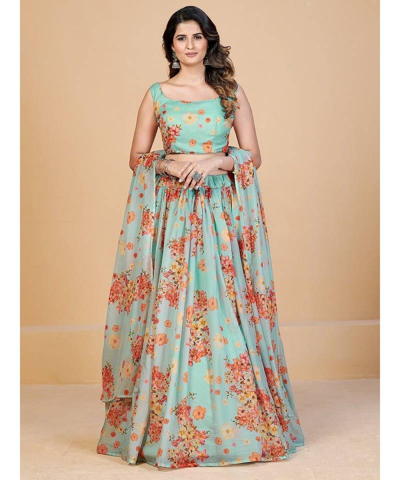 Sea Green & Pink Coloured Printed Semi Stitched Lehenga & Unstitched Blouse With Dupatta