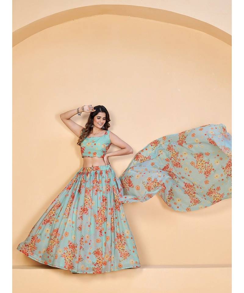 Sea Green & Pink Coloured Printed Semi Stitched Lehenga & Unstitched Blouse With Dupatta