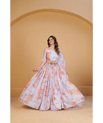 Lavender & Peach Coloured Printed Semi Stitched Lehenga & Unstitched Blouse With Dupatta 1