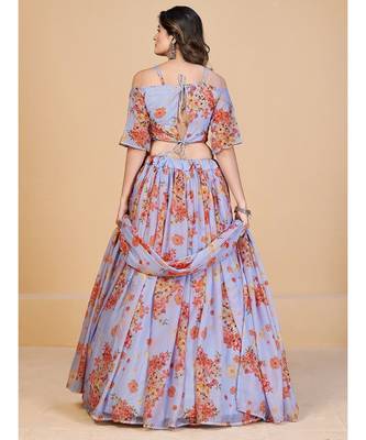 Lavender & Peach Coloured Printed Semi Stitched Lehenga & Unstitched Blouse With Dupatta 2