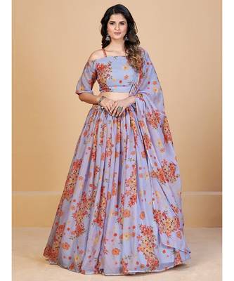Lavender & Peach Coloured Printed Semi Stitched Lehenga & Unstitched Blouse With Dupatta 3