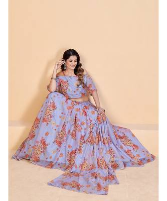 Lavender & Peach Coloured Printed Semi Stitched Lehenga & Unstitched Blouse With Dupatta 5