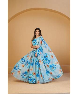 Turquoise Blue & Orange Printed Semi Stitched Lehenga & Unstitched Blouse With Dupatta 1