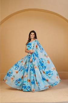 Turquoise Blue & Orange Printed Semi Stitched Lehenga & Unstitched Blouse With Dupatta