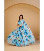 Turquoise Blue & Orange Printed Semi Stitched Lehenga & Unstitched Blouse With Dupatta