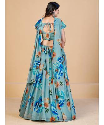 Turquoise Blue & Orange Printed Semi Stitched Lehenga & Unstitched Blouse With Dupatta 2