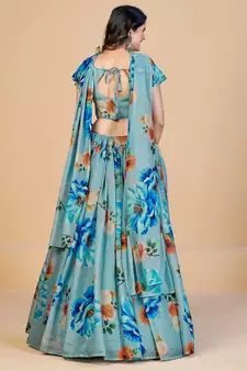Turquoise Blue & Orange Printed Semi Stitched Lehenga & Unstitched Blouse With Dupatta