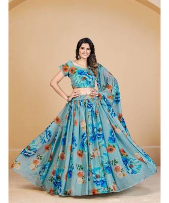 Turquoise Blue & Orange Printed Semi Stitched Lehenga & Unstitched Blouse With Dupatta 3