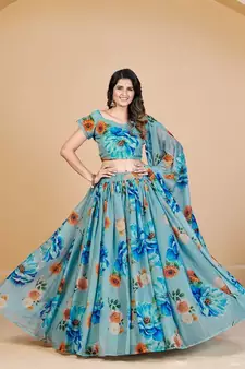 Turquoise Blue & Orange Printed Semi Stitched Lehenga & Unstitched Blouse With Dupatta
