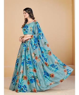 Turquoise Blue & Orange Printed Semi Stitched Lehenga & Unstitched Blouse With Dupatta 4