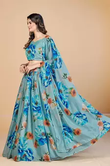 Turquoise Blue & Orange Printed Semi Stitched Lehenga & Unstitched Blouse With Dupatta