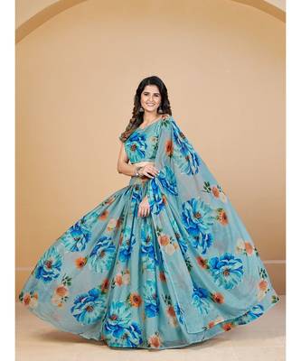 Turquoise Blue & Orange Printed Semi Stitched Lehenga & Unstitched Blouse With Dupatta 5