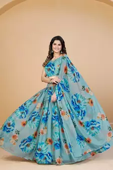 Turquoise Blue & Orange Printed Semi Stitched Lehenga & Unstitched Blouse With Dupatta
