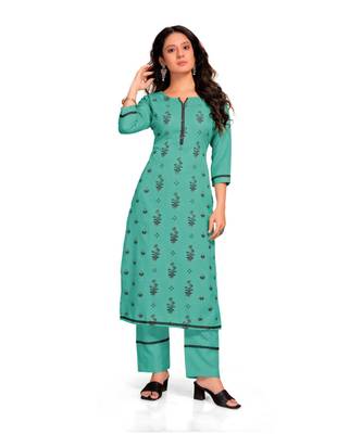 Style Samsara Teal Cotton Blend Printed Kurta Set For Women 1