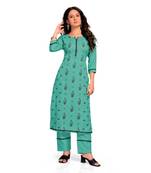 Style Samsara Teal Cotton Blend Printed Kurta Set For Women