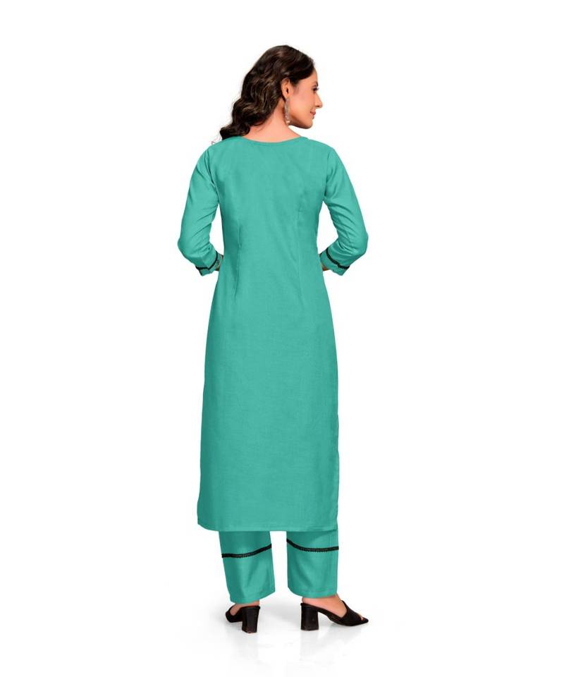 Style Samsara Teal Cotton Blend Printed Kurta Set For Women