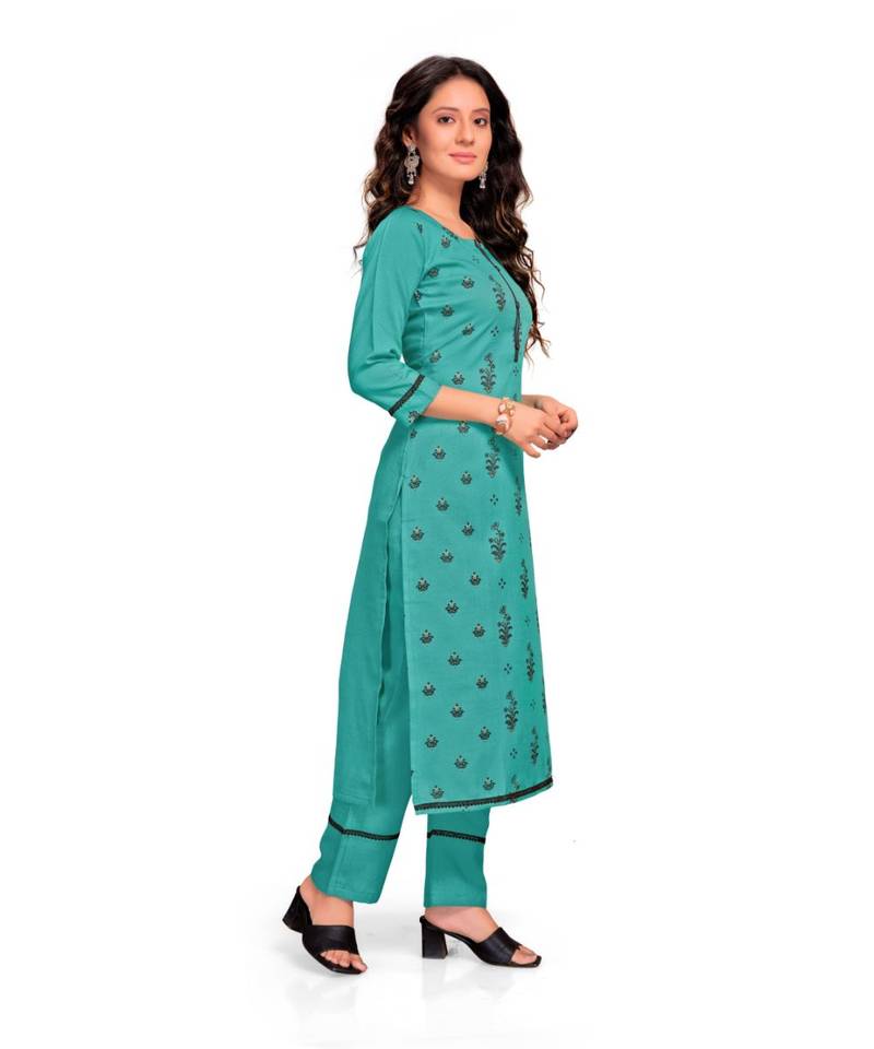Style Samsara Teal Cotton Blend Printed Kurta Set For Women