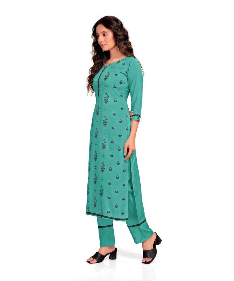 Style Samsara Teal Cotton Blend Printed Kurta Set For Women