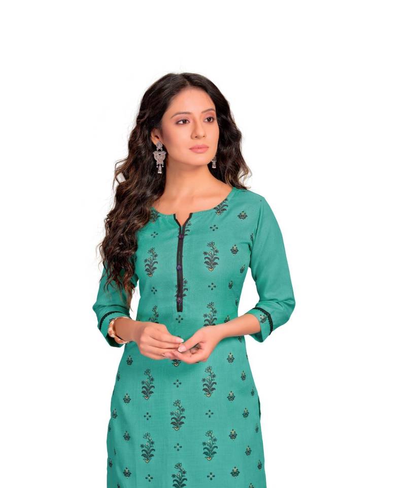 Style Samsara Teal Cotton Blend Printed Kurta Set For Women