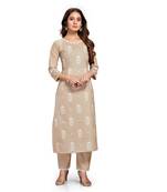 Style Samsara Brown Cotton Blend Printed Kurta Set For Women