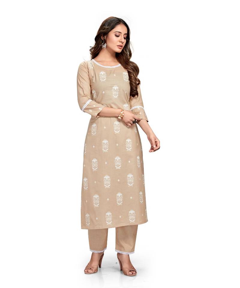 Style Samsara Brown Cotton Blend Printed Kurta Set For Women
