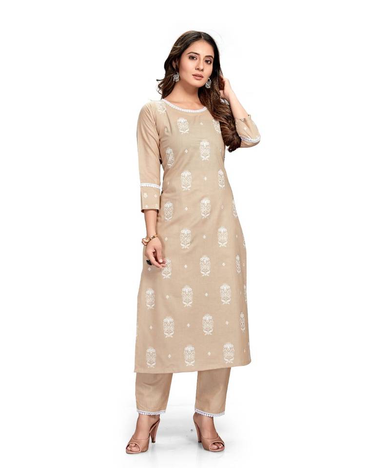 Style Samsara Brown Cotton Blend Printed Kurta Set For Women