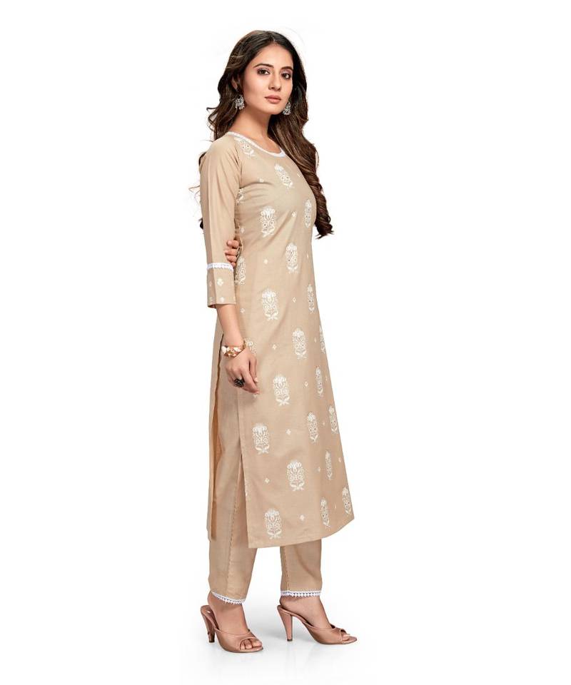 Style Samsara Brown Cotton Blend Printed Kurta Set For Women