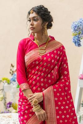 Red woven tussar silk saree with blouse 3